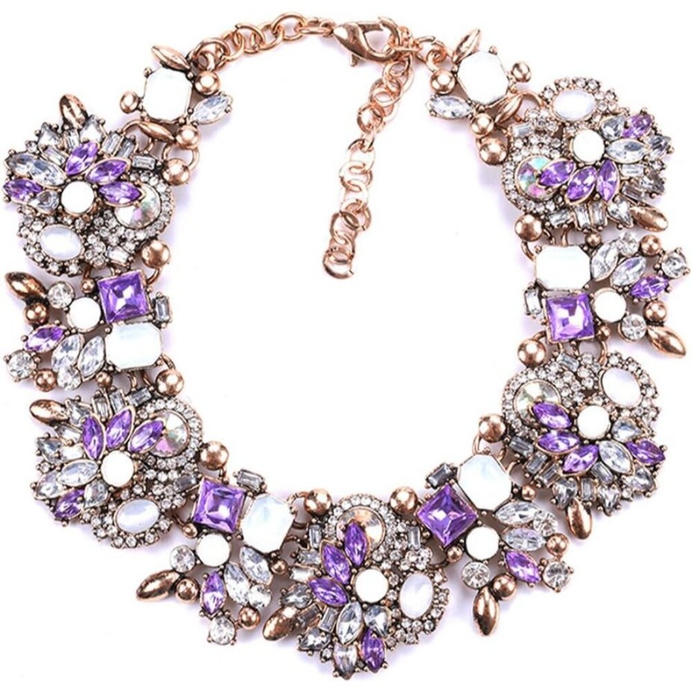 Women's Fashion Flower Statement Purple Crystal Glass Collar Choker Necklace